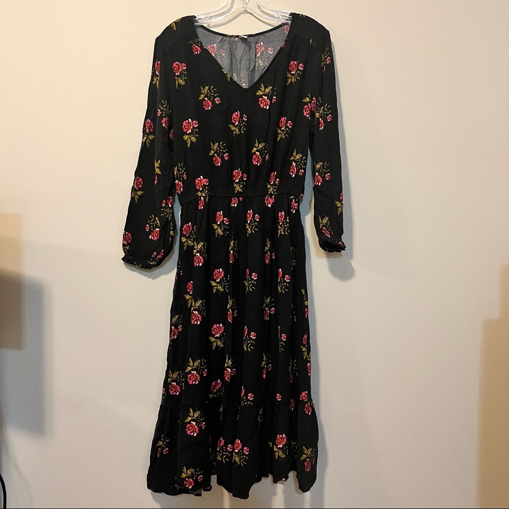 Old Navy XL Long Sleeve Black Floral Midi Dress Cottage Core